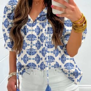 Sky Blue Geometric Print Tassel Drawstring V Neck Blouse