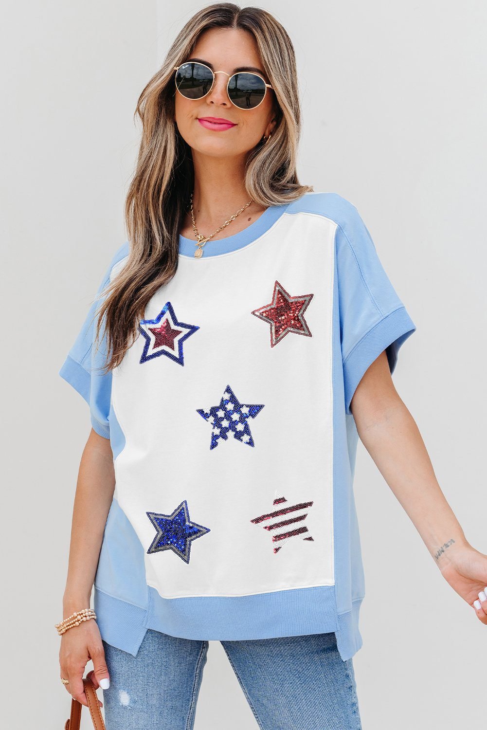 Sky Blue Patriotic Star Patched Colorblock T Shirt