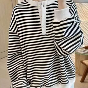 White Stripe Color Block Buttoned Crew Neck Oversized Sweatshirt