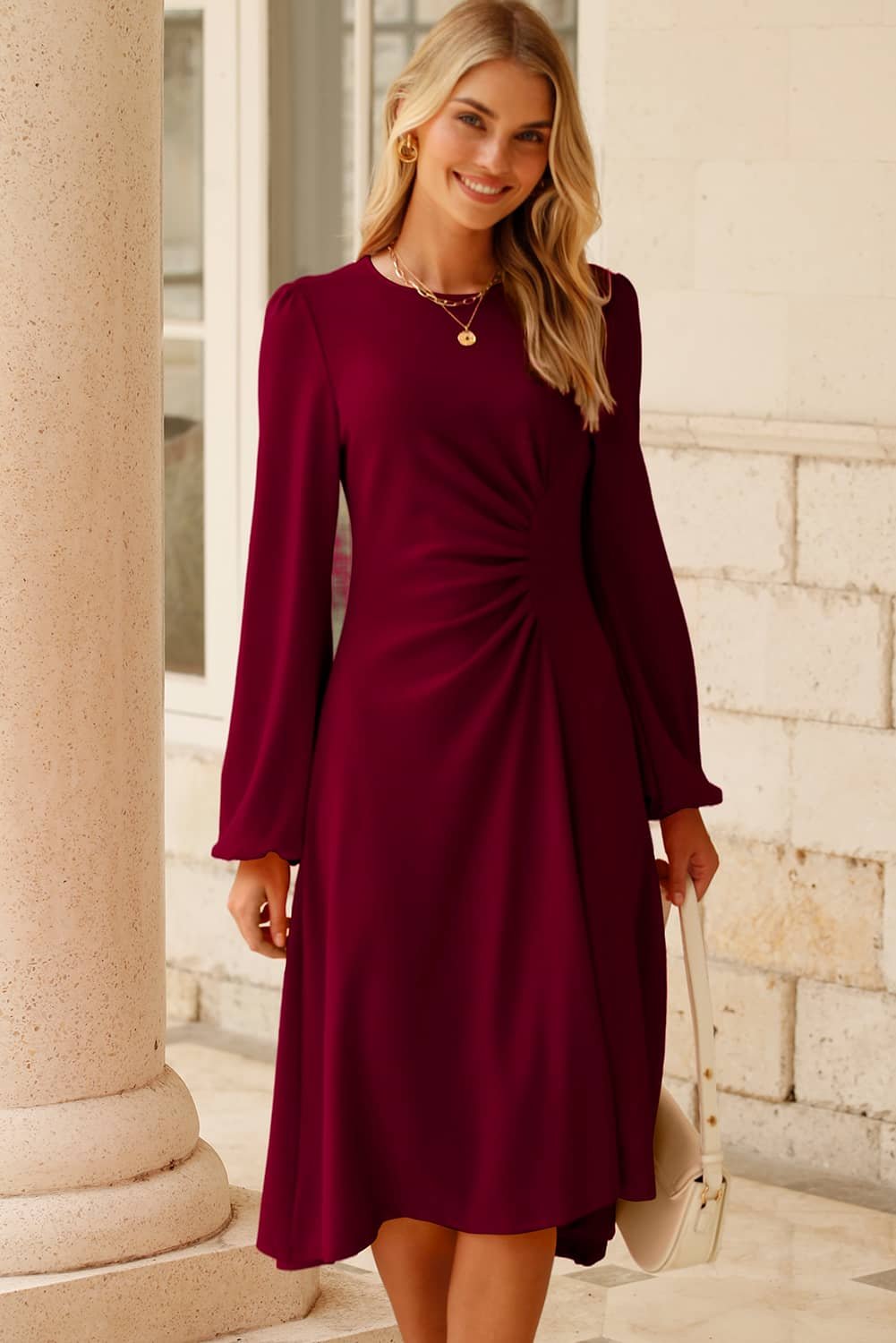 Burgundy Solid Color Ruched Detail Long Sleeve Midi Dress