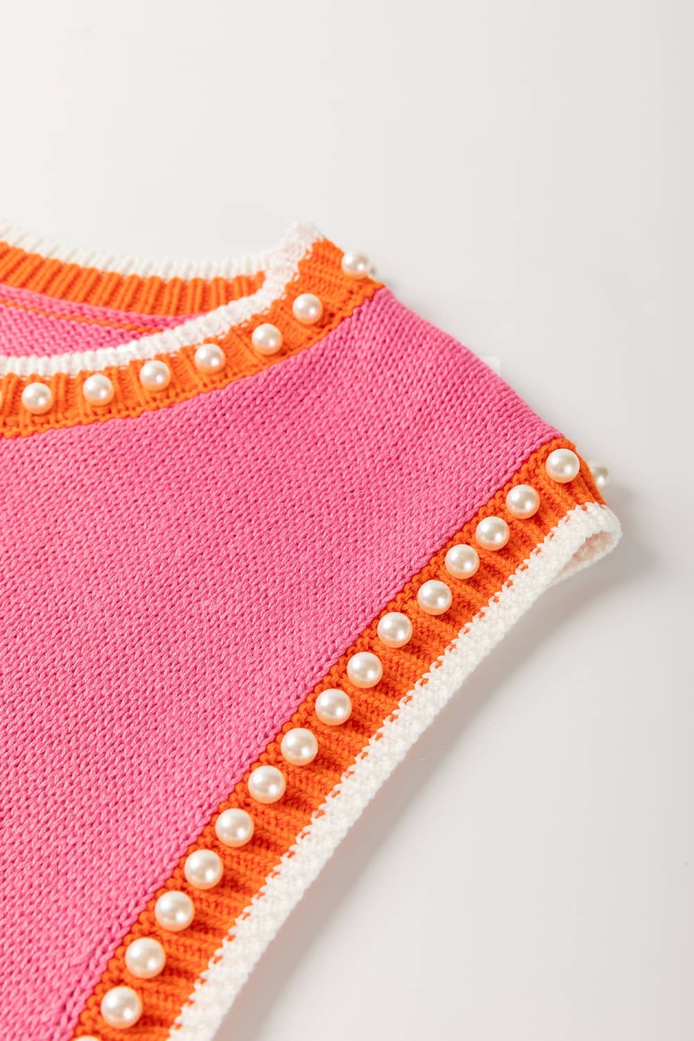 Bright Pink Contrast Trim Pearl Detail Sweater Tank Top