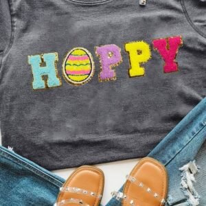 Gray Easter Egg Hoppy Chenille Patched Pattern T Shirt