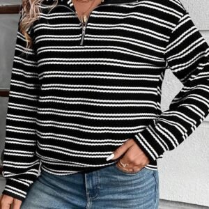 Black Stripe Textured Quarter Zip Collar Long Sleeve Top