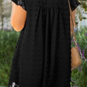 Black Dotty Textured Notched Neck Plus Ruffled Dress