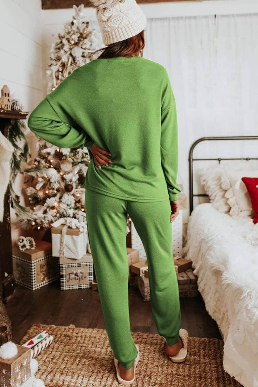 Spinach Green Long Sleeve Pullover And Jogger Pants Lounge Set