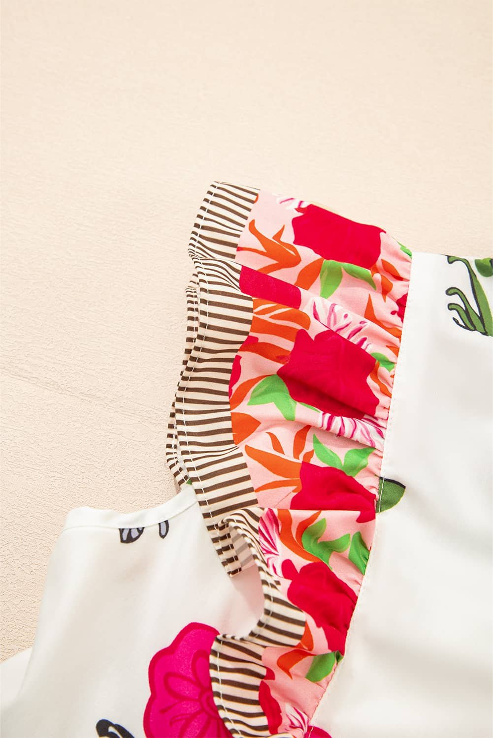 Pink Floral Print Tie Neck Striped Detail Flutter Sleeve Blouse