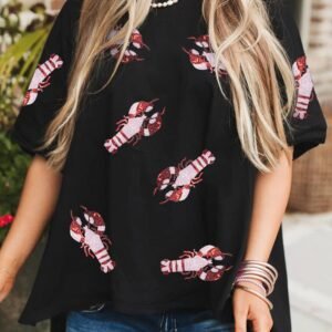 Black Sequin Crayfish Graphic Drop Sleeve High Low Tee