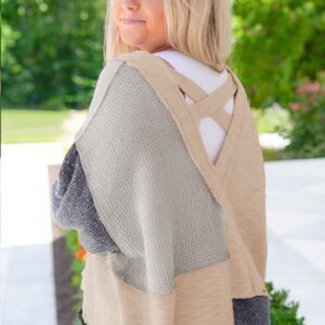 Ashleigh Blue Plus Size Textured Colorblock Patchwork V Neck Top