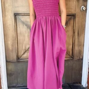 Rose Red Solid Color Ruffled Straps Smocked Ruched Maxi Dress