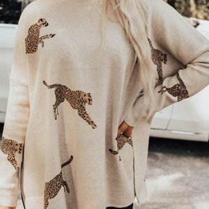 Parchment Lively Cheetah Print High Neck Split Hem Sweater