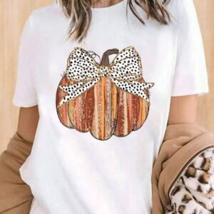 White Thanksgiving Bow Knot Pumpkin Print Round Neck T Shirt