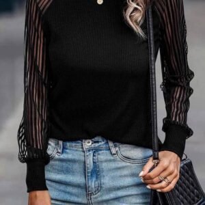 Black Striped Mesh Long Sleeve Crewneck Ribbed Top
