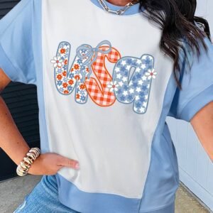 Sky Blue Star Plaid Flower Usa Graphic Color Block Crewneck T Shirt