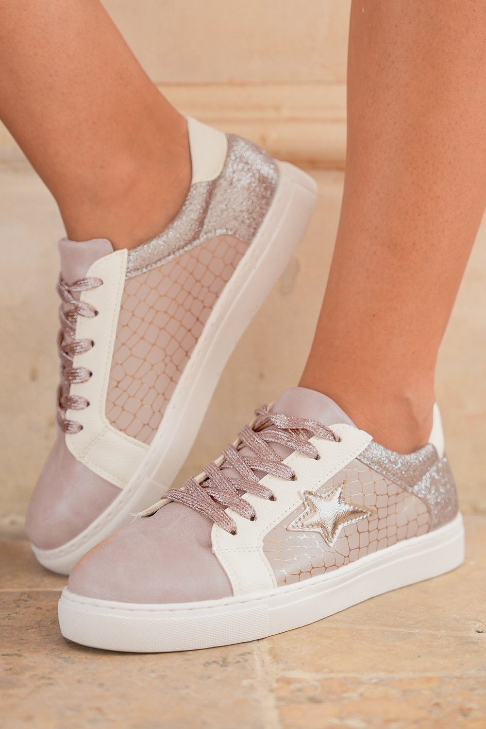 Gold Glitter Star Patchwork Pu Leather Lace-Up Sneakers