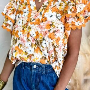 Russet Orange Ruffled V Neck Scalloped Short Sleeve Floral Blouse
