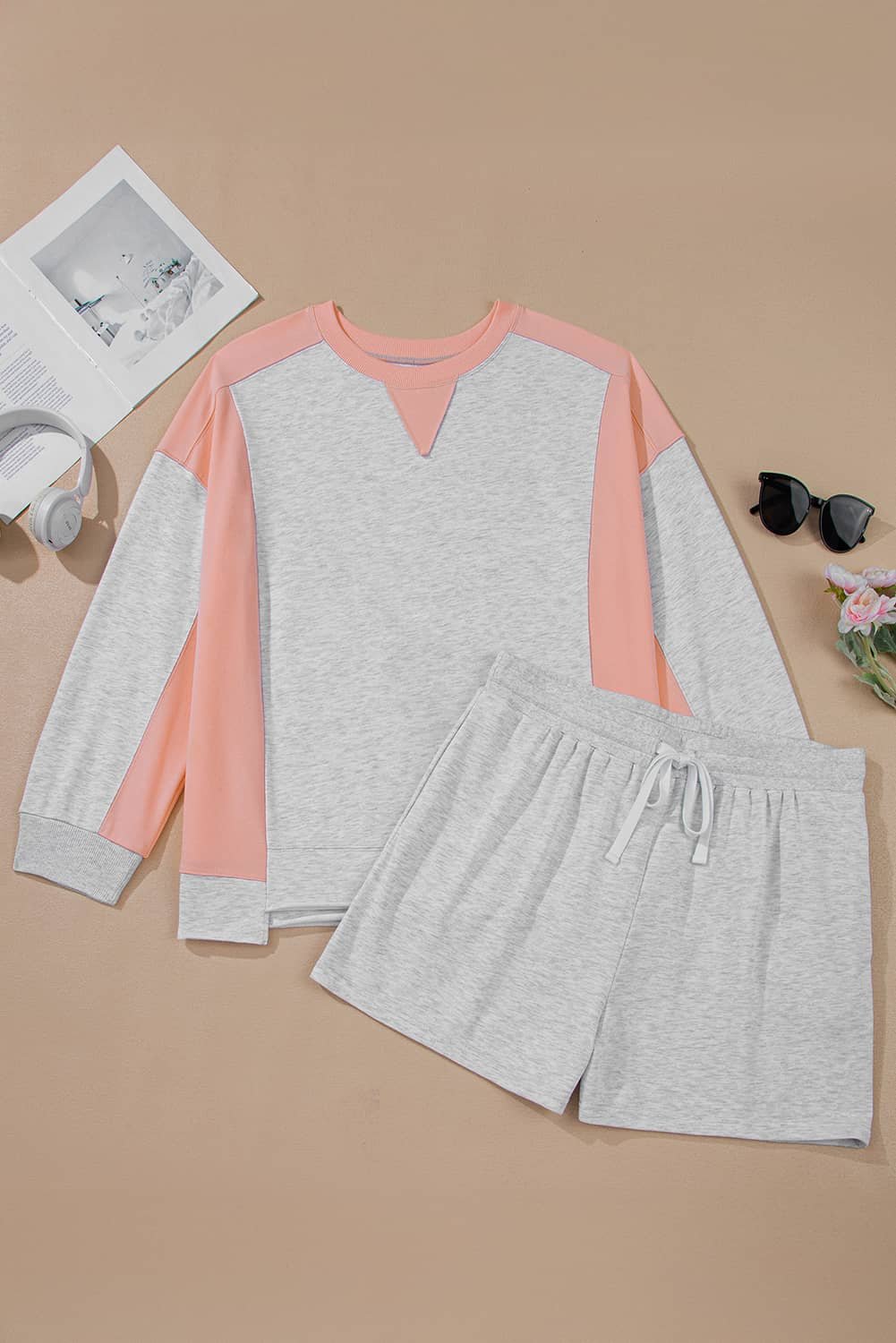 Light Grey Uneven Hem Colorblock Pullover Casual Shorts Plus Size 2Pcs Outfit
