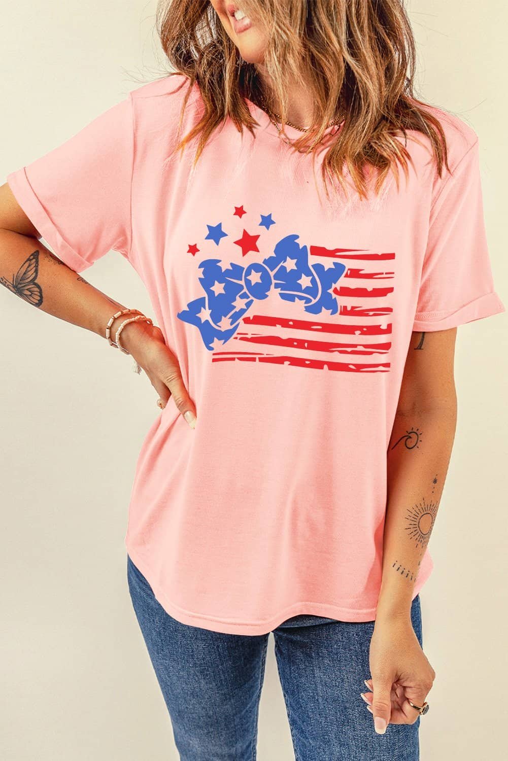 Pink Stars And Stripes Bow Knot Crew Neck T Shirt