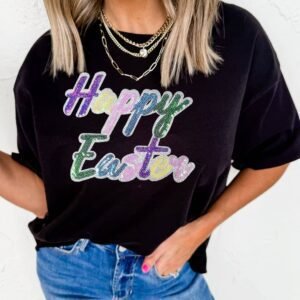 Black Sequined Happy Easter Graphic Tee