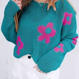 Sea Green Big Flower Hollowed Knit Drop Shoulder Sweater