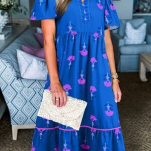 Blue Floral Print Notched Neck Butterfly Sleeve Shift Long Dress