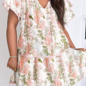 Pink Plus Size Floral Print Striped Detail Short Summer Dress