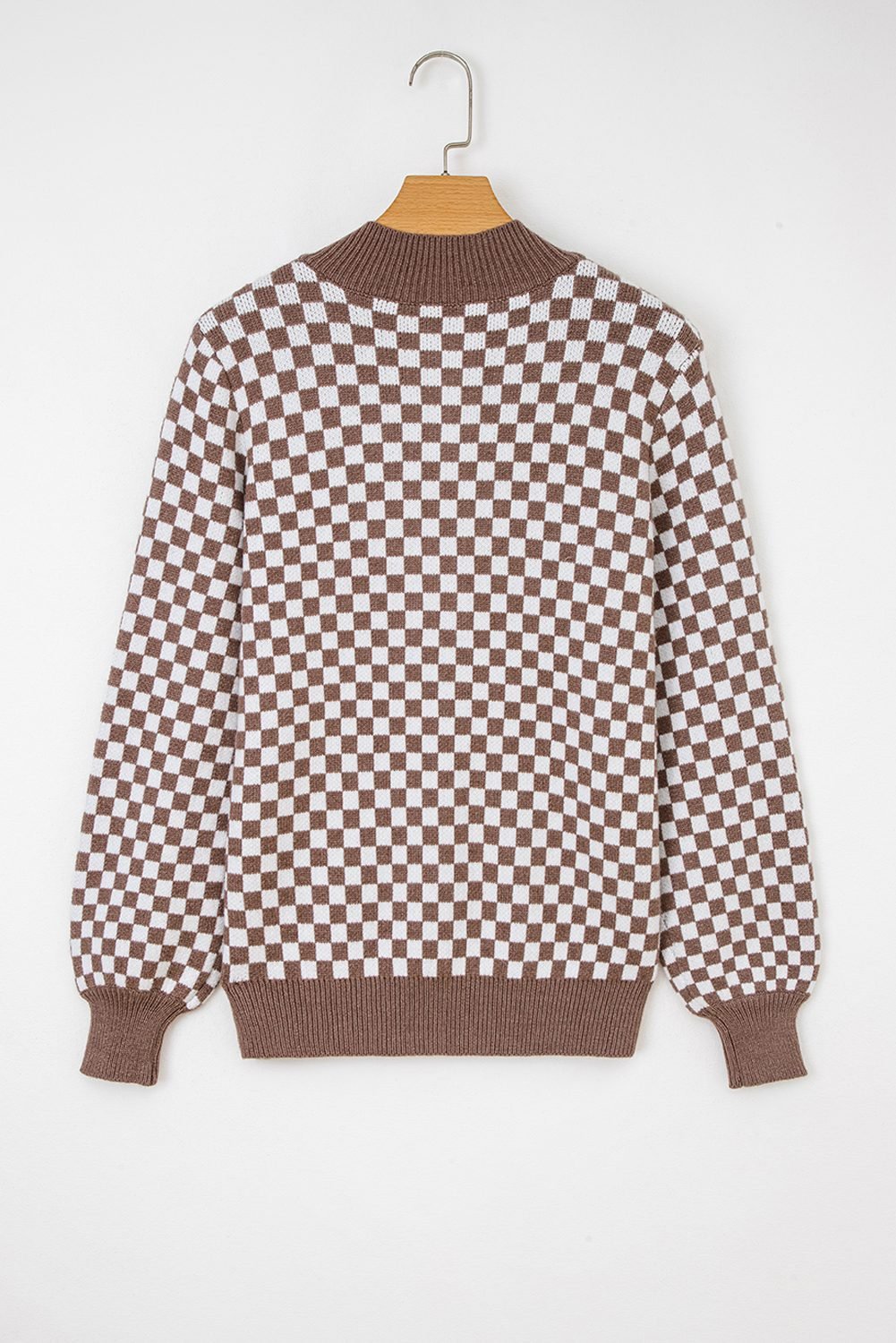 Dark Brown Half Button Ribbed Trim Checkerboard Knit Sweater