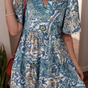 Blue Bohemian Paisley Floral V Neck Short Sleeve Mini Dress