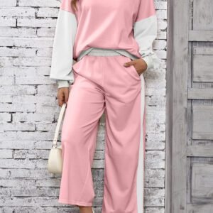 Light Pink 2Pcs Color Block Pullover Loose Pant Set
