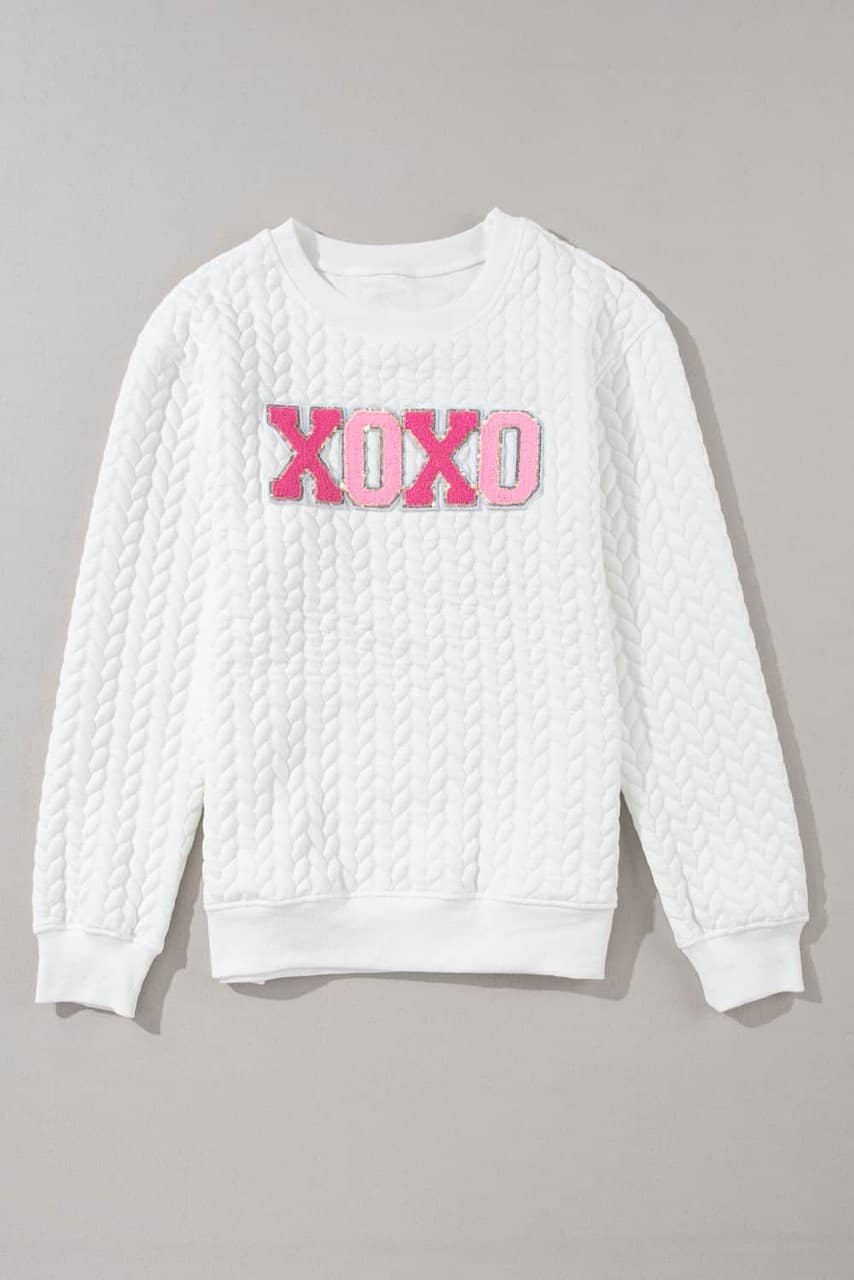 White Xoxo Glitter Chenille Cable Knit Pullover Sweatshirt