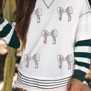 White Stripe Bowknot Patched Pattern Contrast Stitching Pullover Trendy Sweatshirt