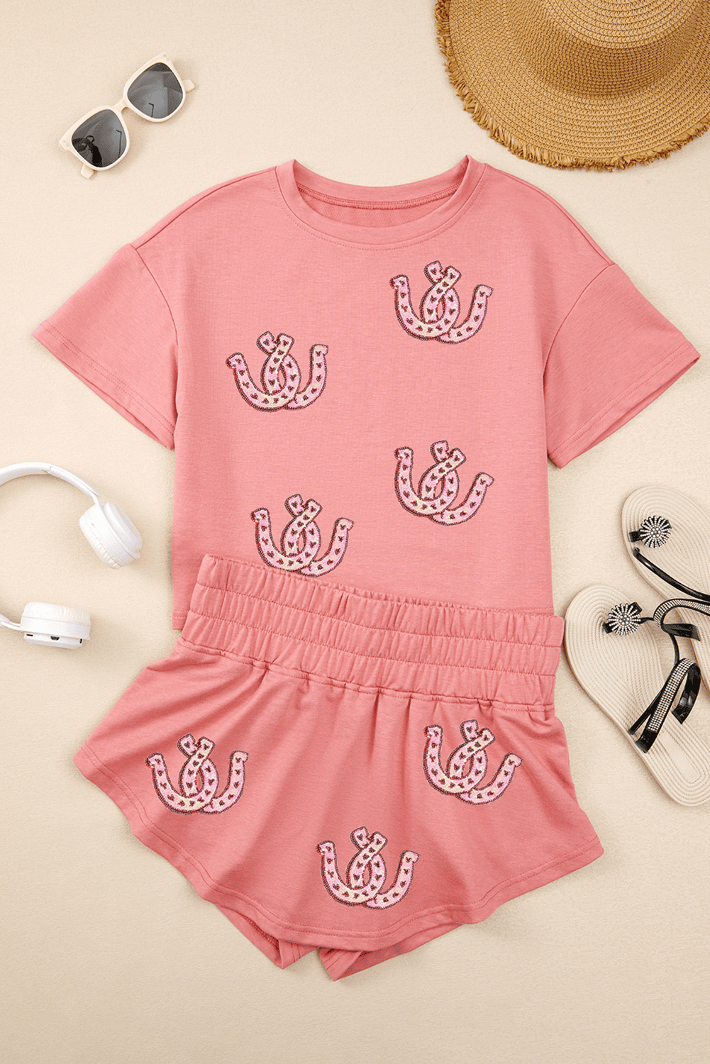 Blossom Sequin Horse Shoe Cropped Tee And High Waist Skort Set