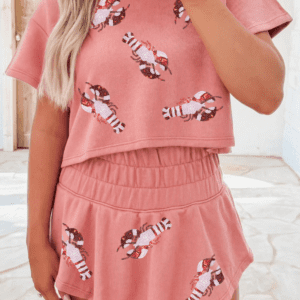 Blossom Sequin Crawfish Graphic Cropped Tee High Waist Skort 2Pcs Outfit