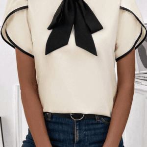 White Bow Knot Neckline Contrast Stripe Short Sleeve Blouse