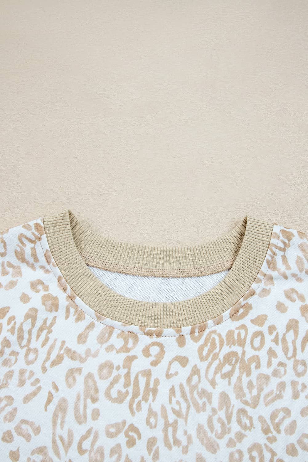 Khaki Leopard Ruffle Detail Ribbed Trim Round Neck Sweatshirt