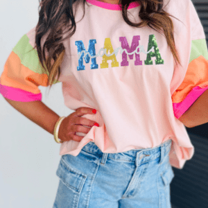 Pink Sequin Mama Letter Graphic Color Block Patchwork Sleeve Tee