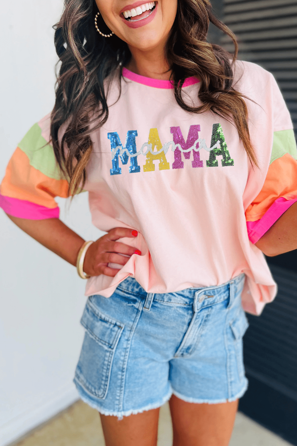 Pink Sequin Mama Letter Graphic Color Block Patchwork Sleeve Tee
