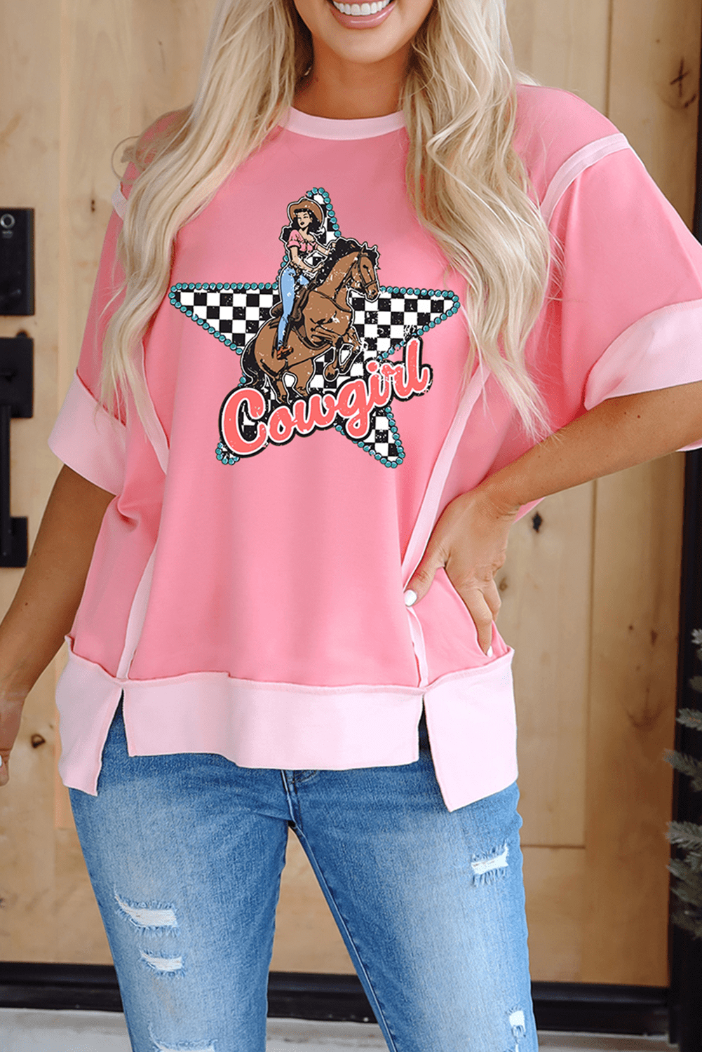 Peach Blossom Cowgirl Checkered Star Shape Print Exposed Seam T Shirt