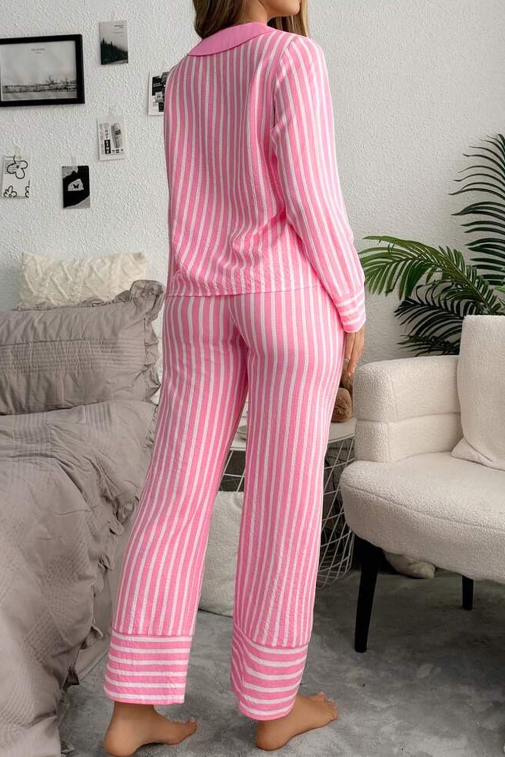 Pink Stripe Buttoned Front Long Sleeve Top And Pants 2 Piece Sleepwear