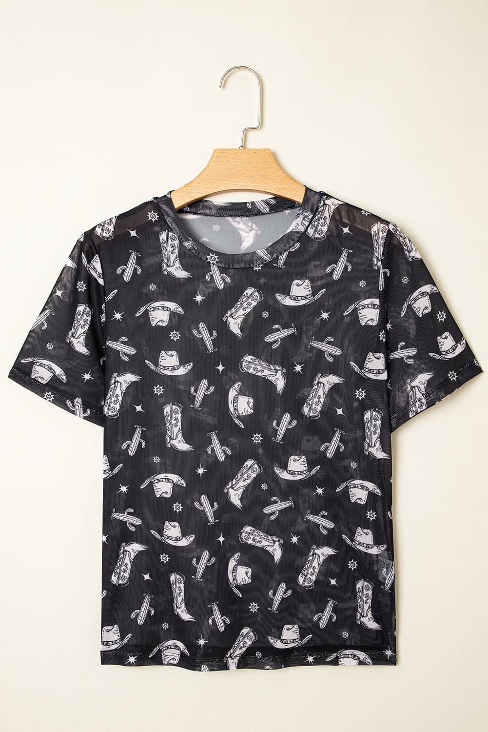 Black Western Pattern Mesh Sheer Crew Neck T Shirt