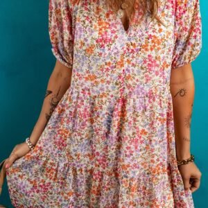 Red Floral Puff Sleeve Notched V Neck Tiered Mini Dress