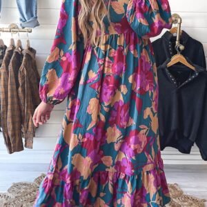 Multicolour Floral Print Square Neck Ruffled High Waist Dress