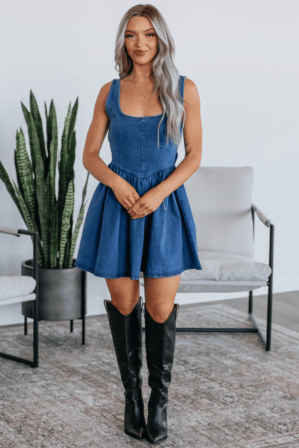 Sail Blue Square Neck Bowknot A-Line Sleeveless Denim Dress