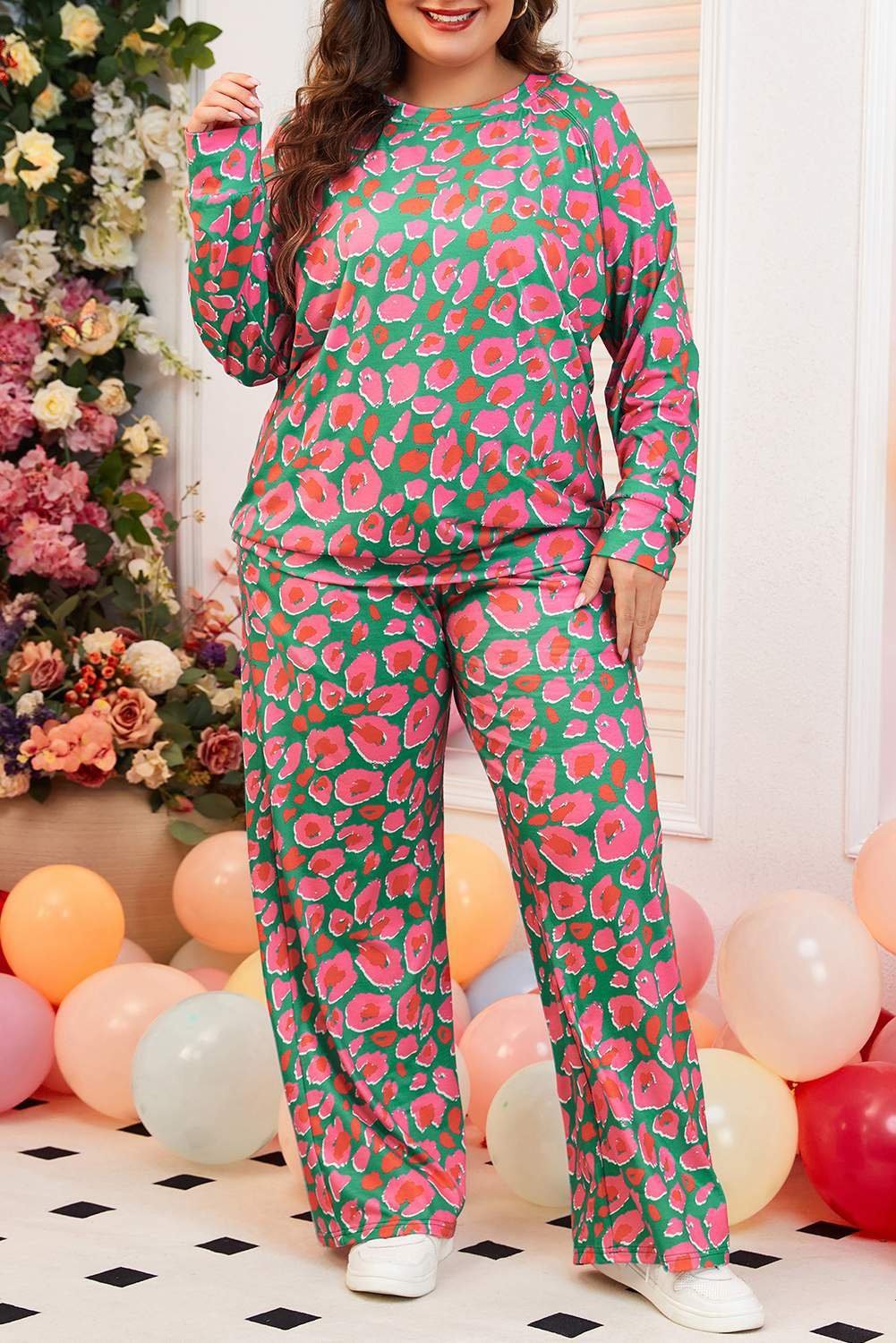 Green Plus Size Printed Long Sleeve And Pants Lounge Set