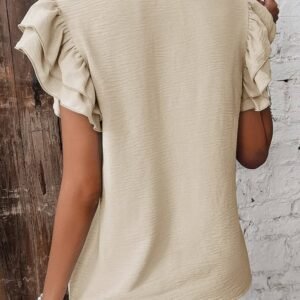 Beige Solid Color Ruffled Short Sleeve Casual Blouse