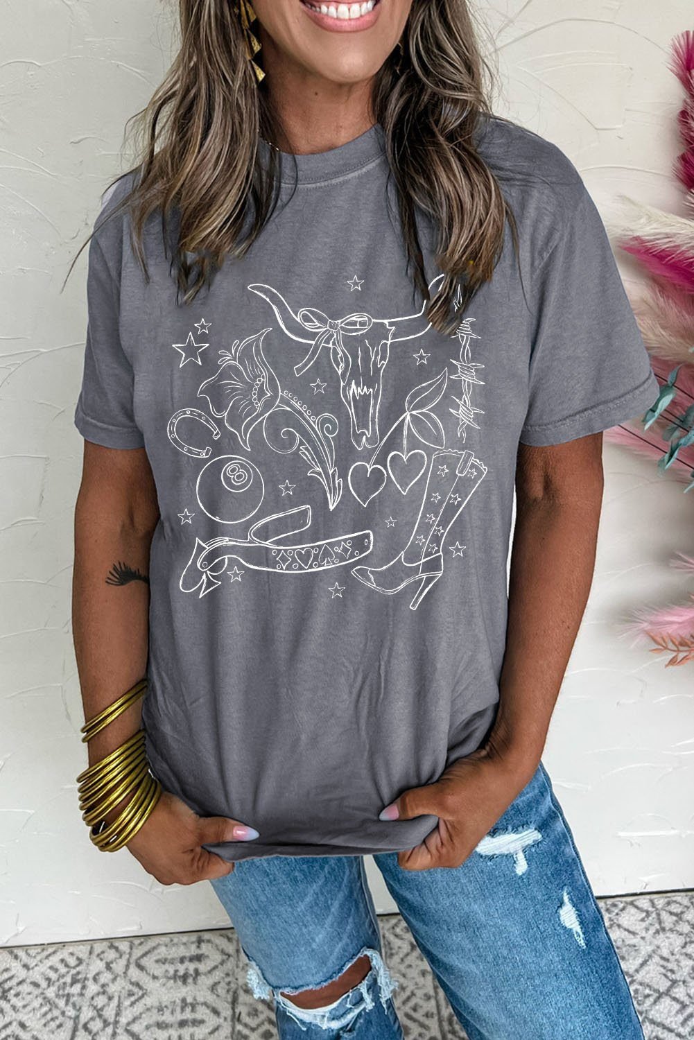 Gray Cowgirl Boots Ox Head Western Fashion Print Crewneck Tee