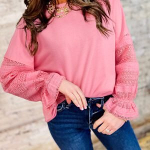 Sachet Pink Drop Shoulder Lace Ruffled Sleeve Patchwork Loose Sweatshirt