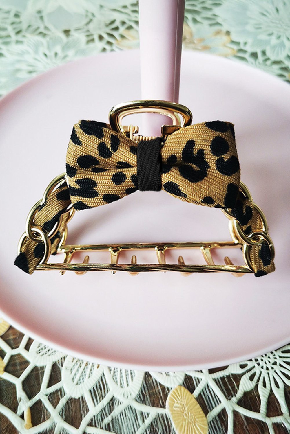 Camel Leopard Print Bow Decor Alloy Hair Claw Clip