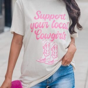 White Support Your Local Cowgirls Boots Print Crewneck Tee