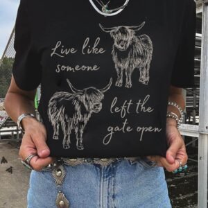 Black Western Cow Print Round Neck Casual Tee