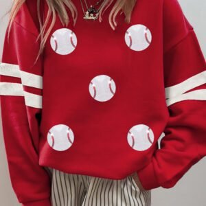 Fiery Red Glitter Baseball Patched Drop Shoulder Varsity Sweatshirt